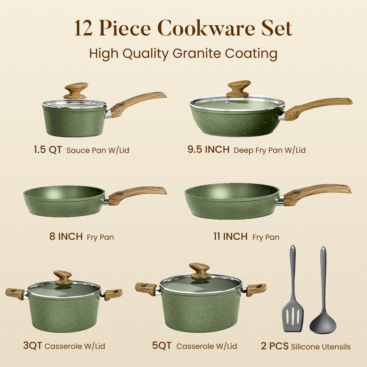 Non Stick Sage Green Cookware Set H32055