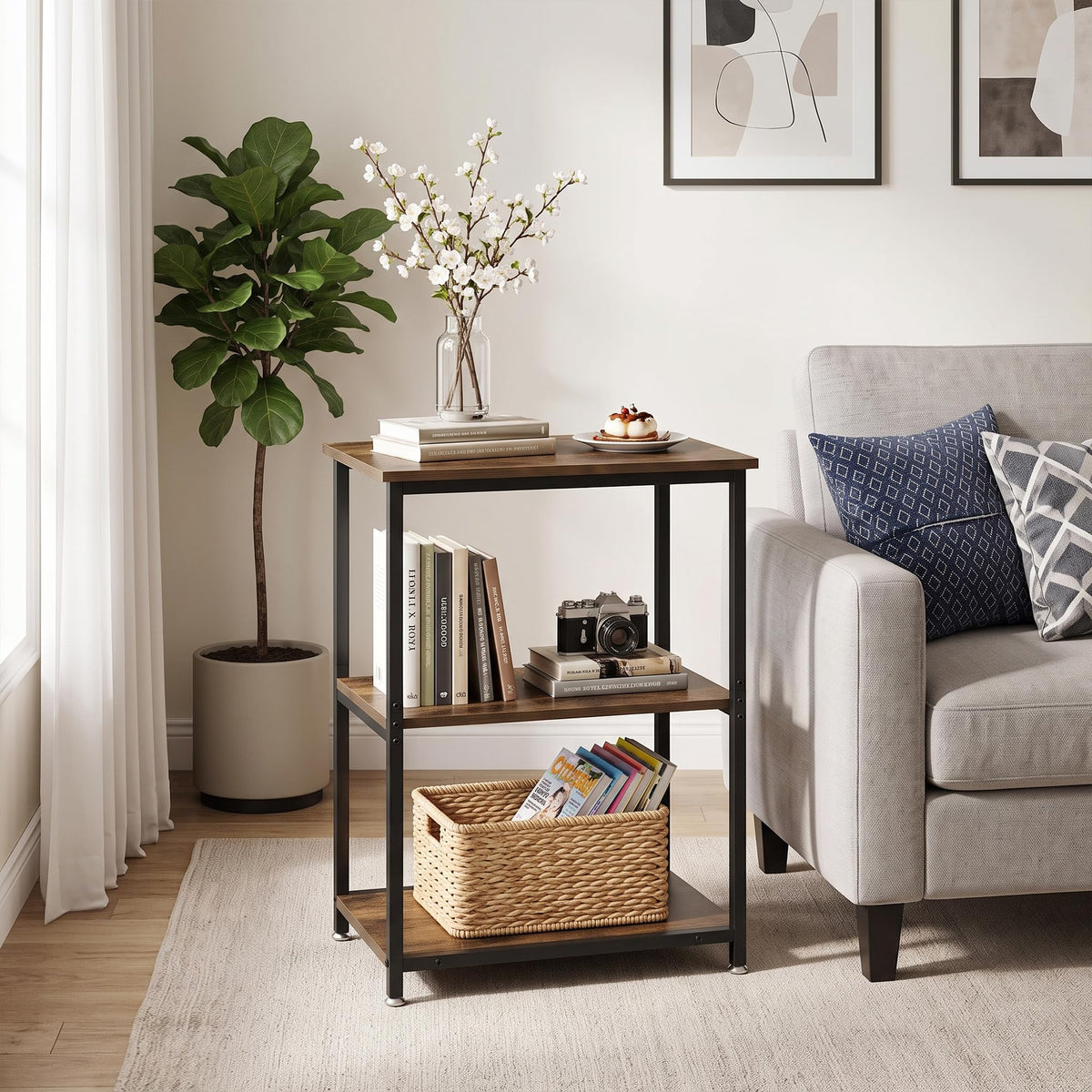 Tall End Side Table with 3-Tier Storage Shelf W957050
