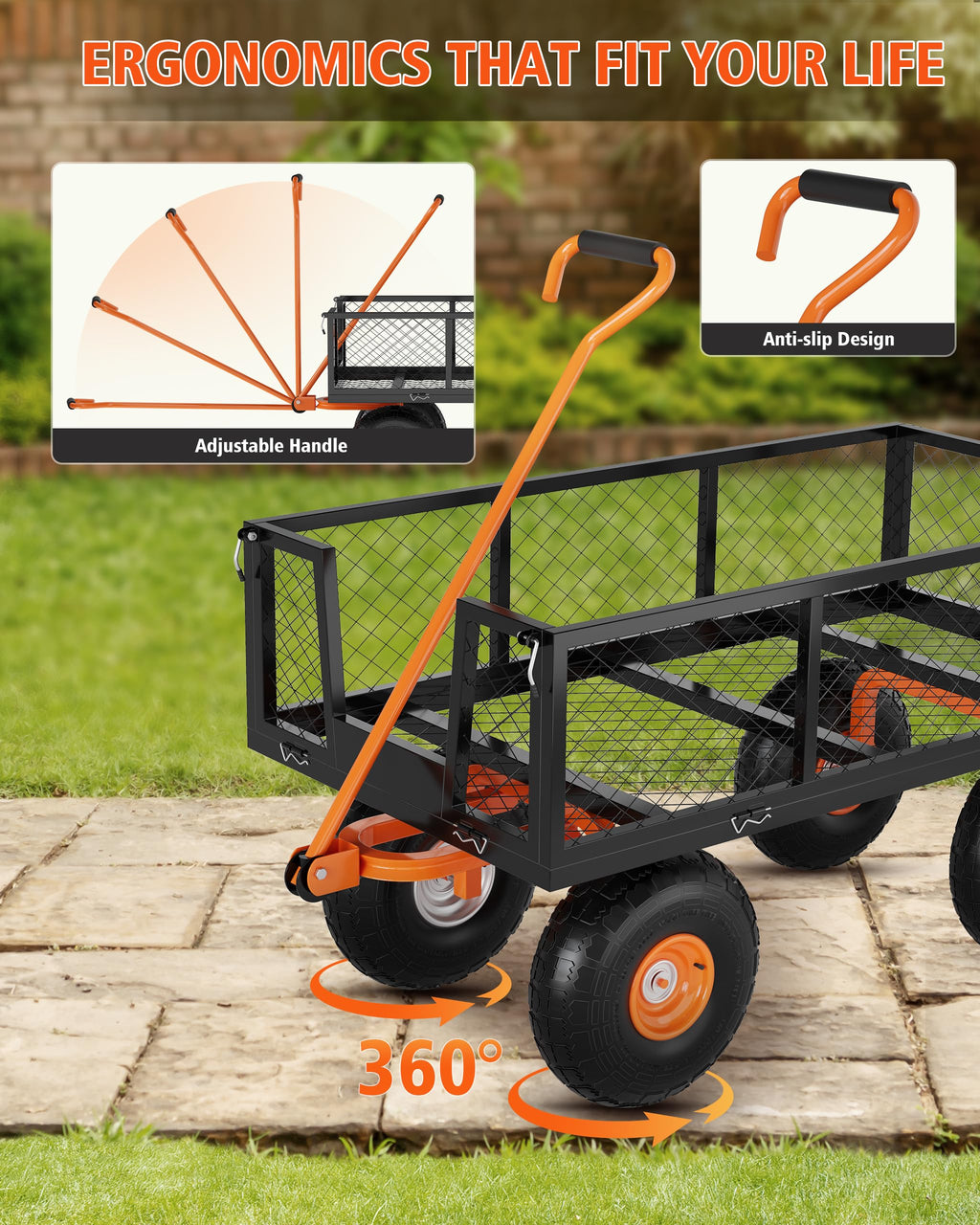 Heavy Duty Steel Garden Cart 900 LBS Capacity 3 in 1 Pullable Wagon with 10 in Wheels L8936