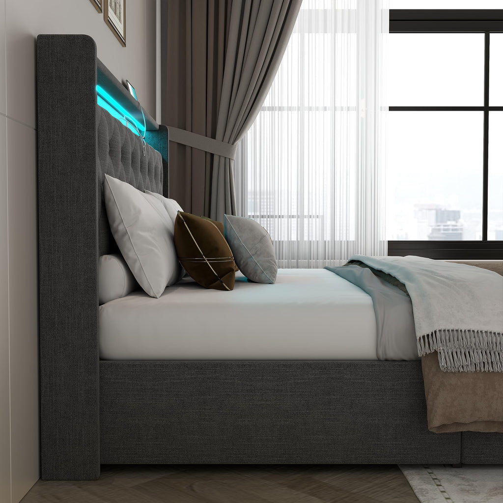 Queen Lift Up Storage Bed Frame with Charging Station & LED Lights Dark Grey I242214