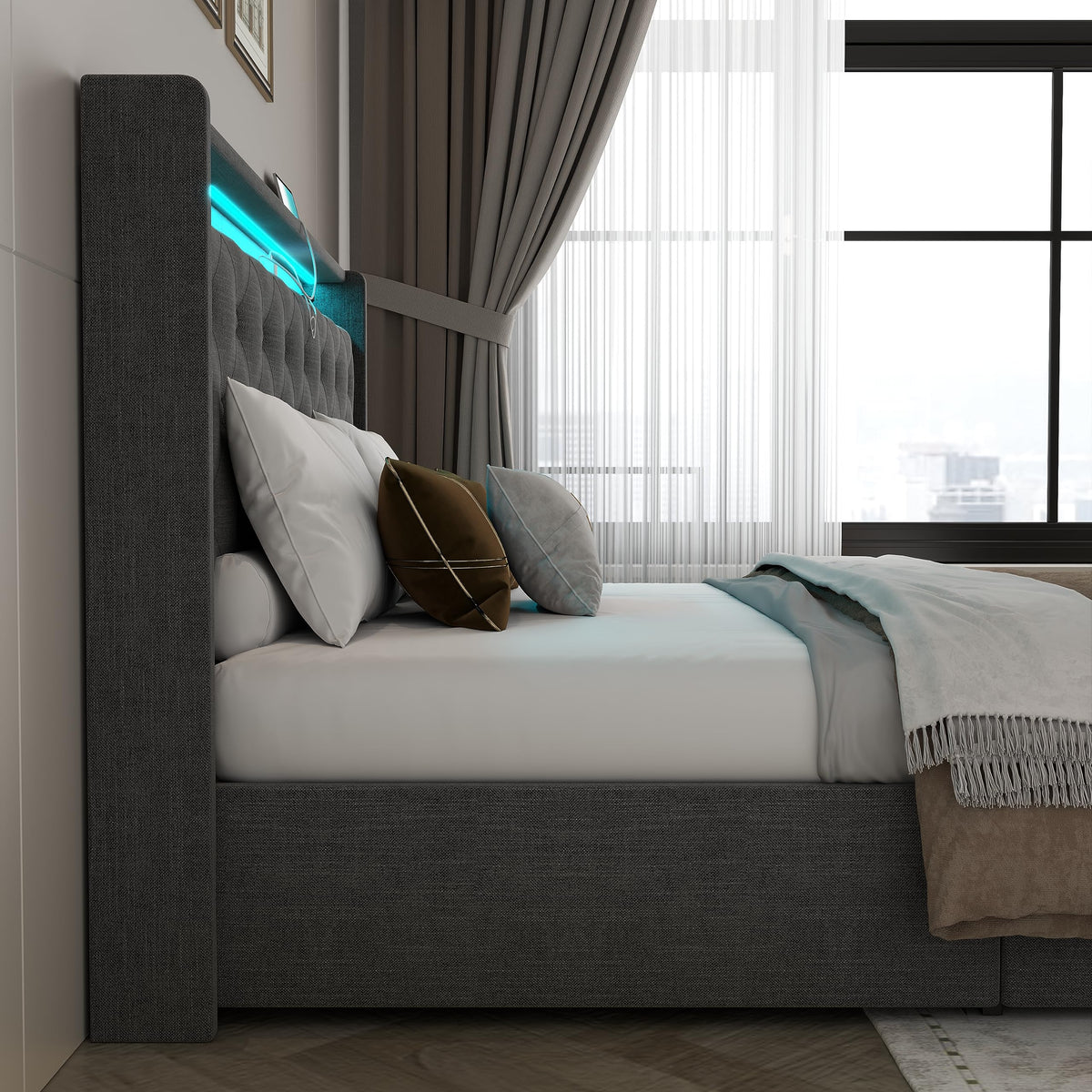 Queen Lift Up Storage Bed Frame with Charging Station & LED Lights Dark Grey I242214