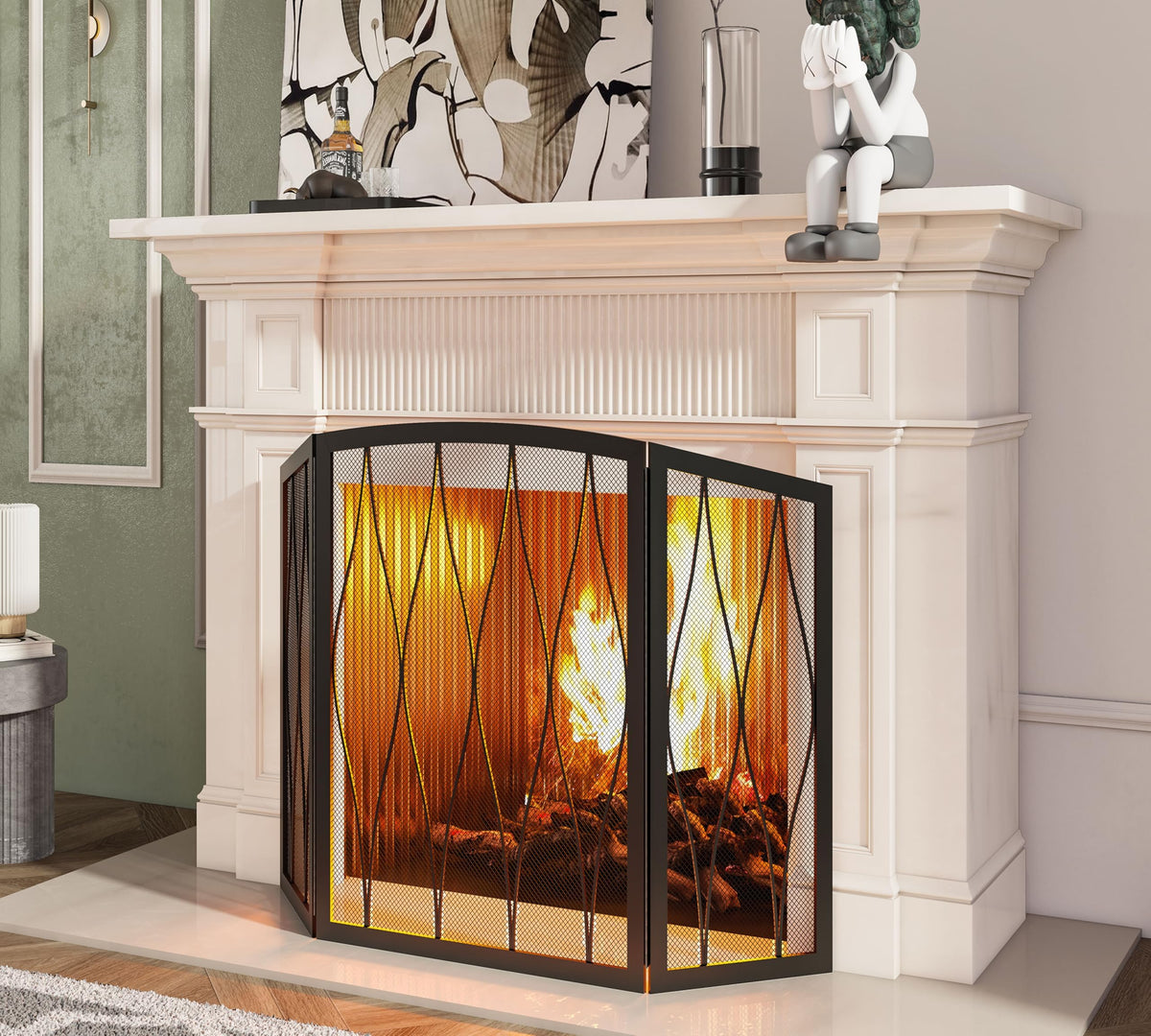 Childproof 3-Panel Wrought Iron Fireplace Screen D1372