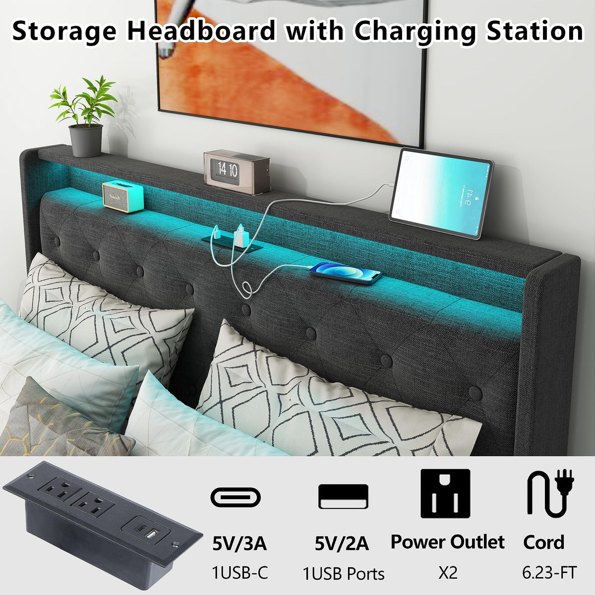 Queen Lift Up Storage Bed Frame with Charging Station & LED Lights Dark Grey I242214