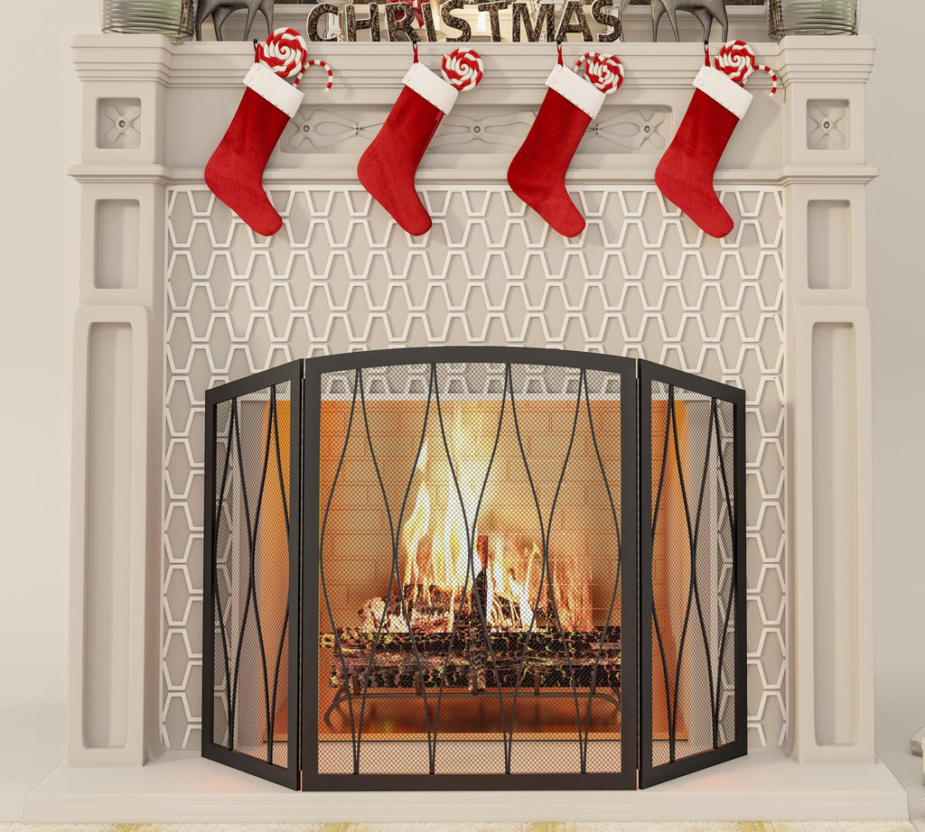 Childproof 3-Panel Wrought Iron Fireplace Screen D1372